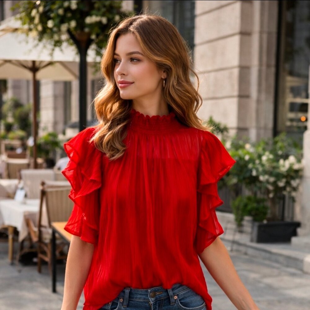 Floral & Ivy Red Pleated Ruffle Sleeve Blouse High Neck Sheer Overlay Size L